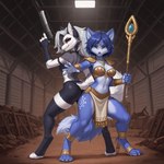 anthro clothing crossover duo female gun helluva_boss nintendo ranged_weapon staff star_fox weapon unknown_director krystal loona_(helluva_boss) canid canid_demon canine demon fox hellhound mammal hi_res