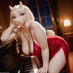 anthro arm_support bedroom_eyes blush breasts city city_background cityscape cleavage cleavage_overflow clothed clothing curvaceous curvy_figure dress fat_rolls female fingers floppy_ears fur hanging_breasts hips horn keyboard_instrument leaning leaning_forward leaning_on_elbow looking_at_viewer mature_female musical_instrument narrowed_eyes night overweight piano purple_eyes red_clothing red_dress sagging_breasts seductive side_boob slightly_chubby solo tail voluptuous sherlock_hound_(director) undertale_(series) toriel bovid caprine goat mammal detailed hi_res shaded soft_shading