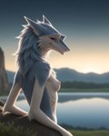 anthro blue_body blue_eyes blue_fur blue_hair breasts female fur hair lake leaning leaning_back mountains skinny small_breasts solo sunset white_body white_fur auykac sergal hi_res