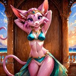 anthro bottomless clothed clothing dancewear dancing female genitals hands_behind_head jewelry looking_at_viewer necklace pussy solo denis0k eeveelution espeon generation_2_pokemon pokemon_(species)