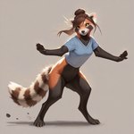 anthro bottomless brown_body brown_fur brown_hair clothed clothing dancing digitigrade female fur golden_eyes hair hair_bun long_hair looking_at_viewer multicolored_body multicolored_fur shirt simple_background smile solo stripes topwear director_crashbandit ailurid felid hybrid mammal procyonid raccoon red_panda hi_res novelai