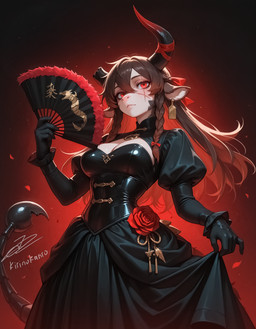 anthro black_body black_clothing black_dress black_gloves black_handwear braided_hair breasts brown_hair cleavage clothed clothing dress female feral flower gloves hair handwear horn kirinokanro long_hair looking_at_viewer pigtails plant red_eyes rose_(flower) scar scorpion_tail solo twin_braids arachnid arthropod bovid bovine cattle hybrid mammal scorpion hi_res