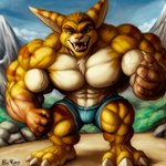 3_toes abs anthro barefoot biceps big_ears big_fangs big_feet big_muscles bottomwear clothed clothing feet fur green_eyes huge_muscles long_ears looking_at_viewer male mountains muscular navel open_mouth outside pecs plantigrade shorts solo striped_body striped_fur stripes toes topless ratchet lombax mammal full-length_portrait hi_res portrait