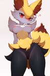 2023 <3 anthro big_breasts black_body black_fur blush braixen breasts canid canine female fox fur generation_6_pokemon genitals hi_res looking_at_viewer mammal nintendo nipples nude pokemon pokemon_(species) pussy red_eyes solo sywu_(artist) white_body white_fur yellow_body yellow_fur