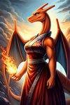 anthro breasts charizard clothing dragon female fire generation_1_pokemon horn non-mammal_breasts orange_body orange_scales pokemon pokemon_(species) scales scalie solo wings