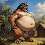 2024 animal_genitalia anthro balls belly big_belly cabin chest_tuft claws cloud fully_sheathed fur genitals grass horn looking_at_viewer male muscular muscular_anthro muscular_male navel nipples nude obese obese_anthro obese_male orange_body orange_fur outside overweight overweight_anthro overweight_male plant sheath solo standing stripes tree tuft weight_gain saphirix charr felid mammal tail