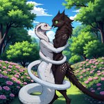 <3 <3_eyes anthro apode beak blush duo feathers female female/female legless long_tail neck_tuft nude scales serpentine surprised_expression tail_feathers tail_wrapped tongue tongue_out tuft despairworld shadow_(oldhroft) avian draconcopode naga reptile scalie snake velari hi_res