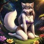 anthro breasts canid canine canis female forest fur gray_hair hi_res keidran kneeling mammal medium_breasts nature plant prompt_metainfo raine_silverlock smile solo tree twokinds venisoncreampie white_body white_fur wolf yellow_eyes