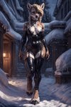 anthro blonde_hair braided_hair breasts brown_body brown_fur cervid clothing cloven_hooves female fur garter_straps gilkardex hair hi_res hooves latex looking_at_viewer mammal snow solo walking