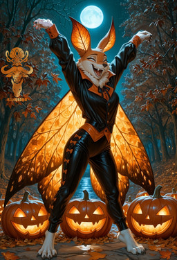 4_wings anthro autumn_forest autumn_leaves autumn_trees backlighting backlit_ears backlit_wings barefoot black_claws black_nose black_suit bow_ribbon brown_body brown_fur buttoned_cuffs claws feet female forest full_moon fur grin jack-o'-lantern light moon multi_wing night open_mouth orange_bowtie orange_ears orange_wings pink_tongue plant puffy_sleeves raised_arms rock sky smile solo spread_arms spread_legs spreading star stone_path stretching tailless teeth teeth_showing tongue tree water white_body white_fur wings bahufaru halloween_2025 arthropod canid canine fox hybrid insect lepidopteran mammal moth absurd_res hi_res lighting
