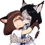 anthro clothing duo eyes_closed female female/female fur hugging kissing necktie school_uniform spots spotted_body spotted_fur tail_motion tailwag uniform anonymous_director felid feline lynx mammal mouse murid murine rodent hi_res