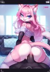 anal anthro armwear bed bedroom bedroom_eyes black_collar blue_eyes blush clothing collar duo female fur furniture hair legwear male male/female narrowed_eyes pink_body pink_fur pink_hair recording seductive white_body white_fur inaire777 felid feline human mammal hi_res