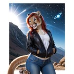 anthro blue_eyes bottomwear clothed clothing cosmic_background denim denim_clothing digitigrade duo female feral hair hand_in_pocket jacket jeans long_hair mountain pants planet pockets ponyrealism_(model) red_hair smile solo space standing sunrise topwear valley director_crashbandit cougar felid feline mammal pantherine novelai