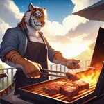 4_fingers anthro apron clothing cooking felid fingers food forest grill male mammal markings meat nikkolaus pantherine pink_nose plant porch shirt solo striped_markings striped_tail stripes tail_markings tiger topwear tree