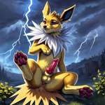 anatomically_correct anatomically_correct_genitalia animal_genitalia animal_penis anus balls bodily_fluids canid canine canine_genitalia canine_penis detailed detailed_background detailed_fur director_firewolf eeveelution feral flower furryrock_(model) generation_1_pokemon genital_fluids genitals grass hi_res jolteon knot lightning male mammal pawpads paws penis plant pokemon_(species) precum solo storm_clouds thunderstorm tree