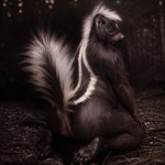 absurd_res anthro black_body black_fur butt female forest forest_background fur hi_res kneeling_position mammal mephitid nature nature_background overweight pawpads plant rear_view skunk solo splice striped_body striped_fur stripes tree