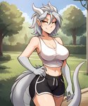 anthro big_breasts blush bottomwear breasts cleavage clothed clothing female hair horn looking_at_viewer midriff non-mammal_breasts outside plant scales shirt shorts smile solo tank_top topwear tree yellow_eyes anontk twokinds lady_nora_(twokinds) animal_humanoid dragon dragon_humanoid humanoid scalie wingless_dragon hi_res