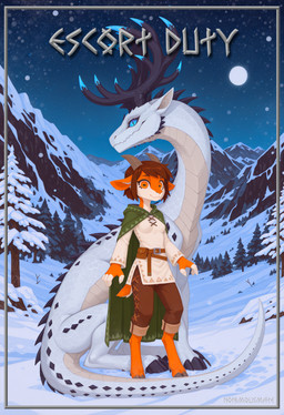 anthro antlers clothed clothing cloven_hooves duo female feral hooves horizontal_pupils horn male male/female mountains mythology night outside pupils sitting_on_ground slit_pupils snow standing nonimousmate gwen_(nonimousmate) ignir_(nonimousmate) bovid caprine cervid dragon goat hybrid mammal mythological_creature mythological_scalie scalie absurd_res comic cover cover_art cover_page hi_res