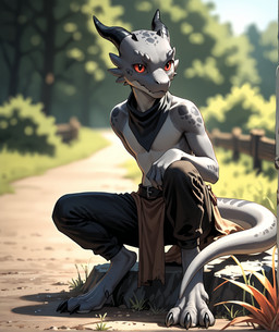 3_toes anthro bandanna bare_chest barefoot belt black_claws black_horn bottomwear claws clothing feet grey_body hindpaw horn kerchief loincloth looking_at_viewer male medieval multicolored_body outside pants paws pupils red_eyes road scales sitting slit_pupils solo tail toes two_tone_body georgus kobold scalie hi_res