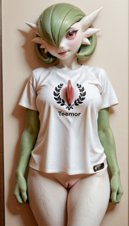 anthro bottomless clothed clothing female genitals looking_at_viewer pussy solo standing t-shirt_only denis0k nintendo pokemon gardevoir generation_3_pokemon pokemon_(species) hi_res