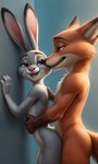 anthro babeyax715 canid canine detailed detailed_fur duo female fox from_behind_position fur green_eyes grey_body grey_fur hand_on_shoulder hand_on_stomach hi_res judy_hopps lagomorph leaning_on_wall leporid looking_at_another looking_at_partner male male/female mammal nick_wilde nude orange_body orange_fur purple_eyes rabbit sex simple_background smile zootopia