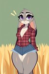 anthro bottomwear breasts cleavage clothed clothing cutoffs denim denim_clothing ears_down farm_girl female field looking_at_viewer pivoted_ears shorts simple_background smile solo thick_thighs wheat_field zootopia slumfy judy_hopps lagomorph leporid mammal rabbit hi_res