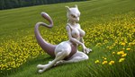 2_toes 3_fingers breasts depth_of_field dutch_angle feet female fingers flower genitals glistening glistening_body glistening_skin grass green_eyes grey_body hand_on_ground hands leaning_sideways nipples pink_nipples plant pussy sitting smile solo tail toes white_body stablexai nintendo pokemon aurora_(stablexai) generation_1_pokemon legendary_pokemon mewtwo pokemon_(species) hi_res