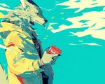 anthro blue_background bracelet cigarette clothing fluffy fluffy_tail holding_object jacket jewelry male neck_tuft shirt simple_background solo tail topwear tuft undershirt sappy_(director) canid canine canis mammal wolf