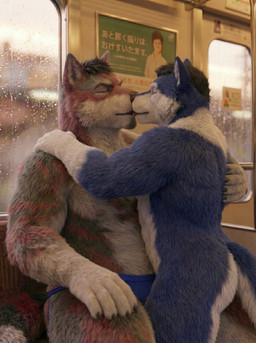 anthro blue_body blue_fur clothing duo exhibitionism fur jockstrap kissing male male/male muscular muscular_anthro muscular_male nude raining red_body red_fur sitting tongue train underwear vehicle sweet_husbando canid canine canis mammal wolf absurd_res hi_res