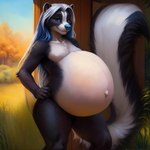 anthro belly big_belly hair long_hair long_tail male mammal mephitid nature nature_background pregnant pregnant_male seductive skunk solo solo_focus