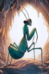 6_legs animal_genitalia antennae_(anatomy) arthropod_abdomen arthropod_abdomen_cloaca arthropod_abdomen_genitalia cave cloaca female feral genitals looking_at_viewer looking_back presenting presenting_cloaca solo terraraptor arthropod insect mantis hi_res watermark