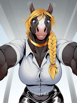 anthro black_body black_bottomwear black_clothing black_fur black_skirt blonde_hair blue_eyes bottomwear braided_hair choker clothing excited female fur grabbing_viewer hair jewelry muscular muscular_female necklace pencil_skirt shirt skirt solo topwear white_clothing white_shirt white_topwear anonymous_director clydesdale draft_horse equid equine horse mammal hi_res