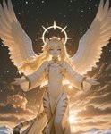 ambiguous_gender anthro backlighting blonde_hair blue_eyes braided_hair chest_tuft dramatic_lighting hair halo light long_hair looking_at_viewer pose slight_smile slit_dress solo spread_arms tuft wings nonimousmate nat_(nonimousmate) angel hi_res lighting