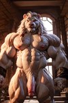 abs anthro balls body_hair braided_hair felid flaccid fur genitals hair hi_res humanoid_genitalia humanoid_penis lion male mammal muscular muscular_anthro muscular_male nipples orange_eyes pantherine penis pink_nipples simplyai solo standing white_body white_fur