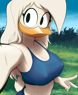 beak big_breasts black_eyes bodily_fluids bottomwear bra breasts cleavage clothed clothing eyelashes feathers female fingers gesture grass hair long_hair looking_at_viewer midriff nipple_outline non-mammal_breasts outside plant selfie shirt smile solo sports_bra sweat sweaty_body topwear underwear v_sign white_body white_hair cloud9999 della_duck anatid anseriform avian bird duck hi_res