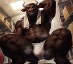 anthro bodily_fluids bovid bovine brown_body brown_fur bulge cattle cerinil clothing crouching first_person_view fur horn looking_at_viewer male mammal muscular muscular_male musk musk_clouds raised_arm smile solo sweat towel underwear white_clothing