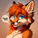 <3 anthro blue_eyes breasts chest_tuft female fur hair inner_ear_fluff looking_at_viewer orange_body orange_fur orange_hair simple_background solo speech_bubble text tuft cartuniverse canid canine fox mammal headshot_portrait portrait