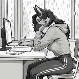 anthro breasts clothing computer desk female furniture hair hoodie inner_ear_fluff long_hair raining side_view solo sweatpants table topwear tuft erta_wanderer canid canine canis domestic_dog german_shepherd herding_dog mammal pastoral_dog hi_res