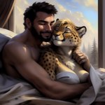 absurd_res anthro bed black_spots blonde_hair breasts canineluvr19 cheetah cleavage clothed clothing colored countershading cuddling duo embrace facial_hair felid feline female fur furniture hair happy hi_res hug human human_on_anthro interspecies male male/female mammal relaxed side_boob smile spots spotted_body spotted_fur topless whiskers white_body white_countershading yellow_body yellow_fur