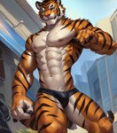 abs anthro black_briefs black_clothing black_underwear blue_eyes briefs bulge city clothing crotch_tuft felid happy hi_res looking_at_viewer looking_down male mammal muscular muscular_anthro muscular_male navel nipple_piercing nipples pantherine piercing riseflux seductive solo tiger tuft underwear