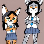 anthro black_hair blue_bottomwear blue_clothing bottomwear clothed clothing crossed_arms duo female female/female fur green_eyes grey_body grey_fur grey_hair hair looking_at_viewer necktie orange_body orange_fur school_uniform simple_background size_difference skirt smile spots spotted_body spotted_fur uniform young_female anonymous_director felid feline lynx mammal hi_res meme