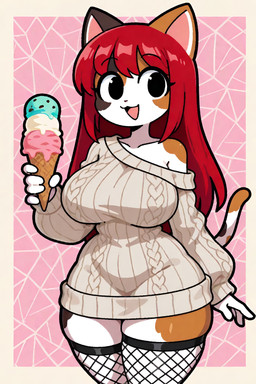 anthro black_eyes clothing dessert female fishnet fishnet_legwear food hair ice_cream legwear long_hair mottled piebald smile solo sweater topwear renz calico_cat domestic_cat felid feline felis mammal absurd_res hi_res