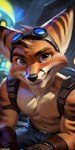 anthro bottomwear canid canine clothed clothing eyewear eyewear_on_head fox gloves goggles goggles_on_head handwear hardfurry harness hybrid lombax male mammal pants ratchet_and_clank sitting solo topless