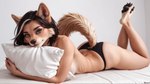 anthro breasts clothing female fur hair looking_at_viewer panties pillow pillow_hug smile solo underwear vargrklaw evelyn_(vargrklaw) canid canine canis mammal wolf hi_res