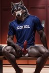 animal_genitalia animal_penis anthro athletic balls bodily_fluids canid canine canine_genitalia canine_penis canis clothing erection genital_fluids genitals junothewoofer knot locker_room looking_at_viewer male mammal penis precum sheath shirt small_penis solo t-shirt topwear wolf