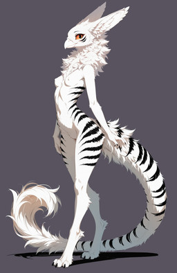 3_toes 5_fingers anthro beak blush breasts claws digitigrade featureless_crotch feet female fingers fluffy fur long_tail looking_at_viewer neck_tuft nipples orange_sclera simple_background slim small_breasts solo standing striped_body striped_fur stripes tail thick_tail toes tuft white_beak white_body white_fur oldhroft avian velari full-length_portrait hi_res portrait