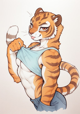abs anthro athletic athletic_anthro athletic_female biceps blep blue_bottomwear blue_clothing bottomwear breasts brown_body brown_fur cheek_tuft clothed clothing clothing_lift countershading crop_top denim denim_bottomwear denim_clothing facial_tuft female fur hand_in_pocket inner_ear_fluff looking_at_viewer markings midriff multicolored_body multicolored_fur muscular muscular_anthro muscular_female navel orange_body orange_fur pants pockets seductive shirt shirt_lift simple_background smile smirk solo striped_body striped_fur striped_markings striped_tail stripes tail tail_markings tank_top tongue tongue_out topwear tuft under_boob whiskers white_background white_body white_fur verbotenvertex master_tigress felid mammal pantherine tiger absurd_res hi_res portrait