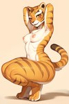 anthro areola bedroom_eyes blush breasts crouching felid female fur hi_res looking_at_viewer looking_pleasured mammal master_tigress narrowed_eyes nipples nude orange_body orange_fur pantherine pinup pose raised_arms seductive side_view solo striped_body striped_fur stripes thick_thighs tiger wafflewafflewaf