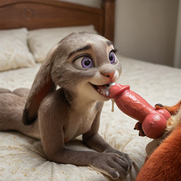 123kubik anthro disney duo fellatio female male male/female oral penile realistic sex zootopia judy_hopps nick_wilde lagomorph leporid mammal rabbit