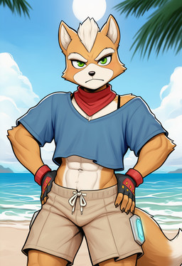 abs anthro beach blue_clothing blue_topwear bottomwear bra_straps brown_bottomwear brown_clothing clothing cloud crop_top fur gloves green_eyes handwear light male midriff muscular navel orange_body orange_fur plant red_scarf scarf seaside serious_face shirt shorts solo sunlight tail topwear water white_body white_fur pontifex nintendo star_fox fox_mccloud canid canine fox mammal hi_res